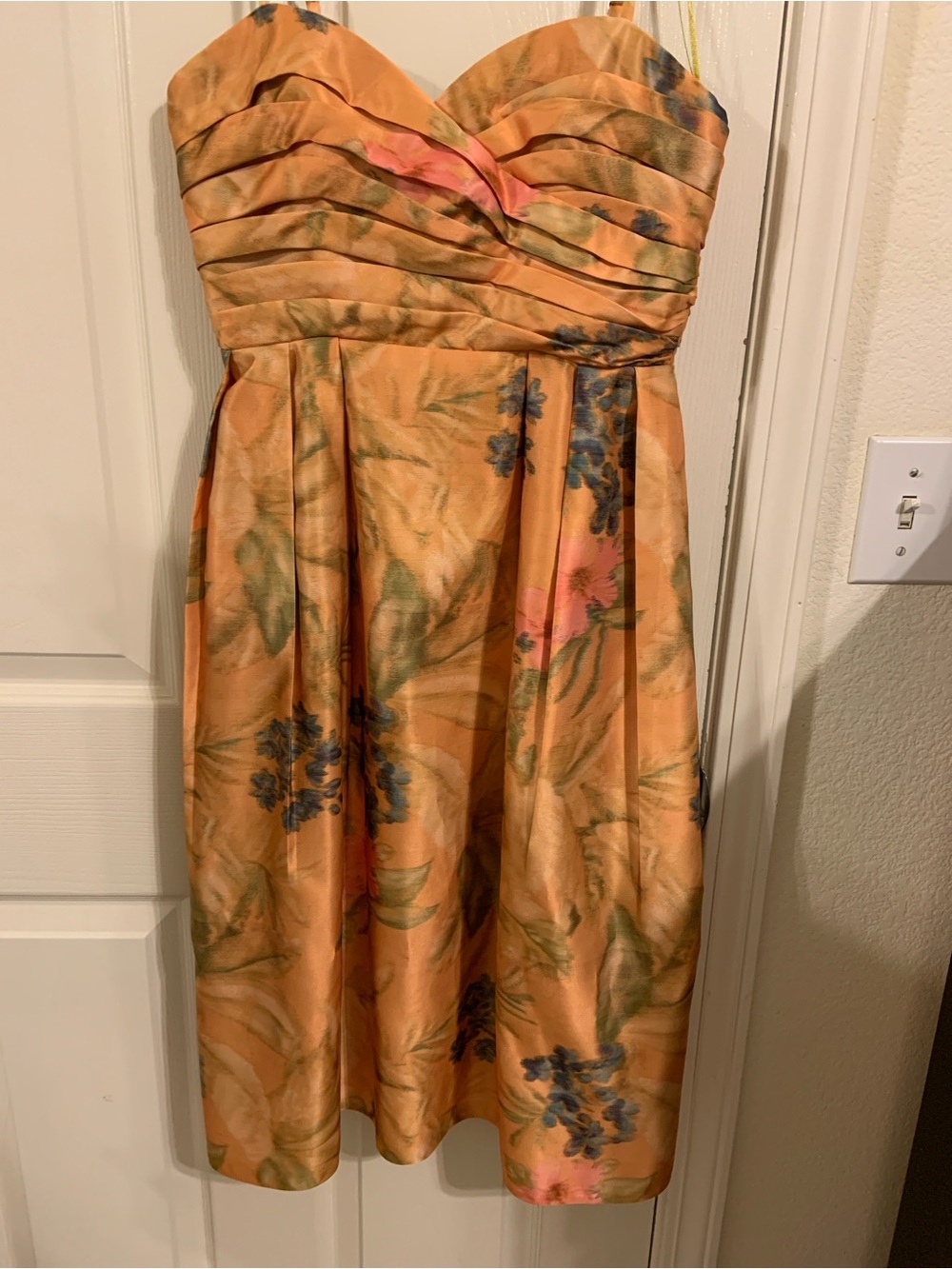 Strapless Orange Floral Midi Dress with Pleated Bodice